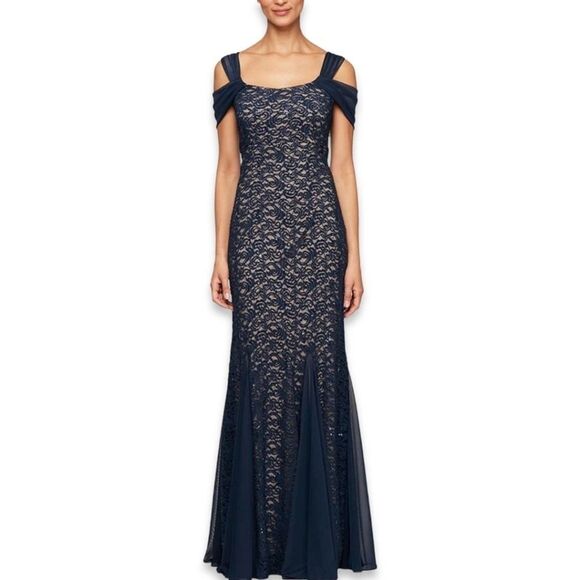 NWT Alex Evenings Fit & Flare Lace Cold Shoulder Navy Sequin Lace Dress Size 8 - Picture 1 of 12